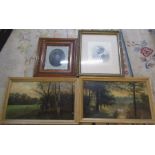 2 framed oil paintings & 2 portraits