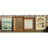 Gilt framed wall mirror, map, oil on canvas & Lowry print