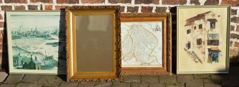 Gilt framed wall mirror, map, oil on canvas & Lowry print