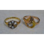 14ct gold ring and an 18ct gold ring set with seed pearls and sapphire (missing one pearl), total