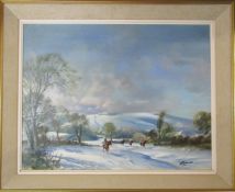 Framed oil on canvas by Norman Dinnage (1924-2016) 'Riders in the snow'  82 cm x 67 cm (size