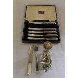 Various silver inc silver handle butter knives (5), egg cup Birmingham 1922  1.28 ozt and tea