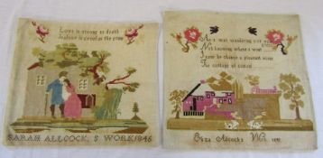 2 unframed Victorian samplers - Sarah Allcock 1846 37 cm x 33 cm & Eliza Allcock 1845 39 cm x 38 cm