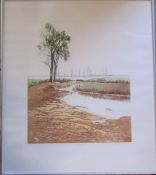 Large framed limited edition print by Claire Brown 44/150 hand colour etching entitled 'Fenlands',