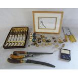 Various items inc Wade whimsies, bone handled carving set, photo frame & miniature manicure set
