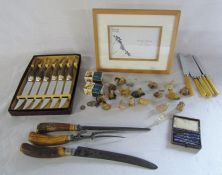 Various items inc Wade whimsies, bone handled carving set, photo frame & miniature manicure set
