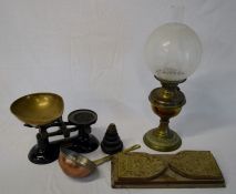 Set of Frederick Hill & Co. balance scales, brass paraffin lamp, adjustable Victorian bookshelf,