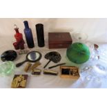 Various glassware, writing slope (af), coins, dressing table items, cheroot holder with silver cuff,