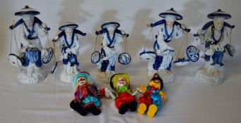 5 Chinese fish carrier figures (one missing a basket) & 3 clown figures