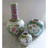 3 Oriental vases H 34 cm, 18 cm and 11 cm