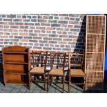 3 cane seated bedroom chairs, bookcase & latice screen