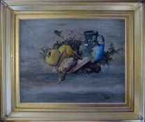 Oil on canvas still life of fruit, a jug & dead birds by F S Hall 1918. Frame size 68cm by 58cm