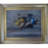 Oil on canvas still life of fruit, a jug & dead birds by F S Hall 1918. Frame size 68cm by 58cm