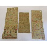 3 unframed Georgian samplers - 1766 - 24 cm x 65 cm, 1776 - 21 cm x 43 cm & 1756 - 22 cm x 58 cm