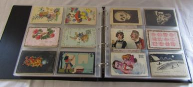 Postcard album containing approximately 270 novelty postcards inc push outs, pull outs, illusion,