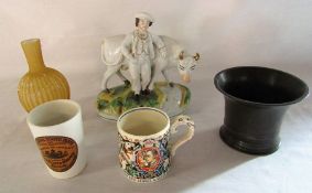 Staffordshire figure, Laura Knight Burleigh ware commemorative mug, glass vase & trench art