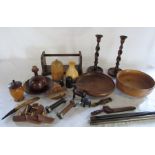 Quantity of treen inc candlesticks, skipping rope ends, bookcase, bowls & lidded pots