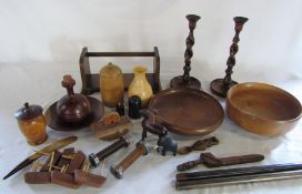 Quantity of treen inc candlesticks, skipping rope ends, bookcase, bowls & lidded pots