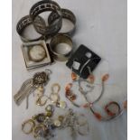 Selection of costume jewellery, silver pendant, napkin rings and cameo brooch