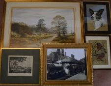 Spencer Coleman print signed in pencil, 19th Century engraving of Louth, photo of a steam locomotive