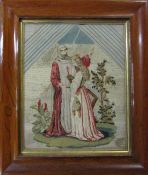 Framed 19th century tapestry of a medieval knight and maiden 29.5 cm x 34.5 cm (size including