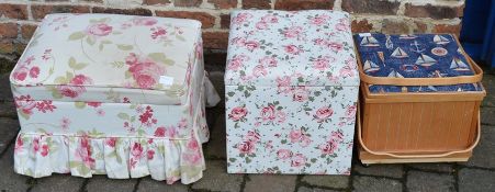 2 upholstered box stools & a sewing box