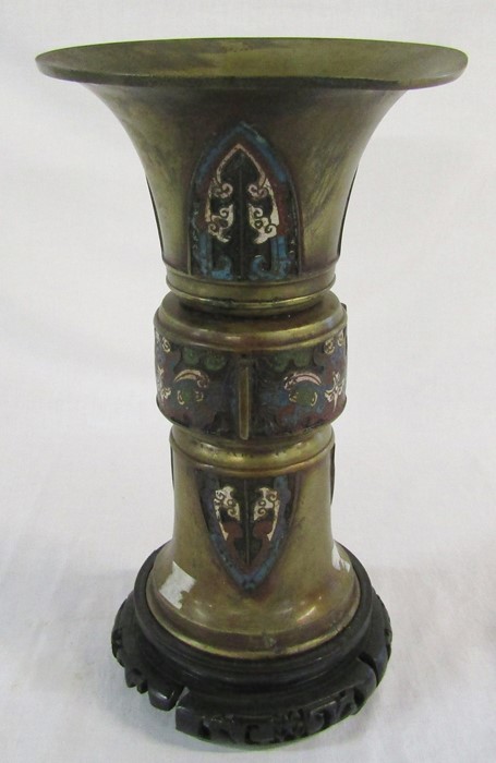 Late 19th /early 20th century Oriental large bronze and enamel vase on a wooden base H 34.5 cm (af)