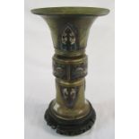 Late 19th /early 20th century Oriental large bronze and enamel vase on a wooden base H 34.5 cm (af)