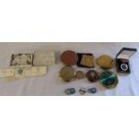 Assorted compacts, seal stamps & Budgerigar Society badges