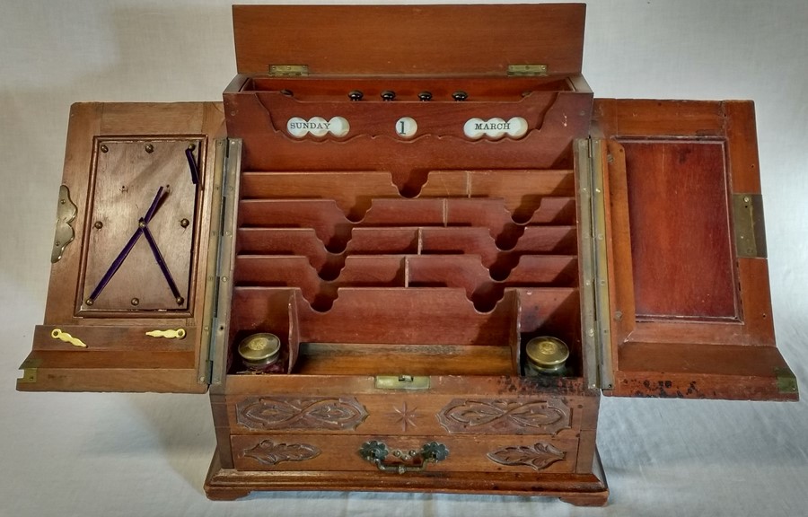 Late Victorian carved stationery box with internal calendar and two inkwells size approximately 34 - Image 2 of 2