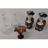 2 shaft and globe decanters, a large pair of Toby Jugs and a Carnival glass bowl