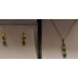9ct gold emerald & diamond pendant on chain & a matching pair of earrings