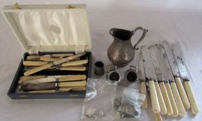2 Indian silver salts, various silver plate and cutlery, fobs and coins
