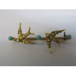 Tested as 9ct gold brooch with seed pearls and turquoise weight 4.1 g