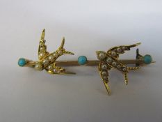 Tested as 9ct gold brooch with seed pearls and turquoise weight 4.1 g