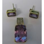 9ct gold amethyst and diamond chip pendant (amethyst size 14 mm x 10 mm) and pair of 9ct gold