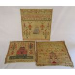 3 unframed Victorian samplers - Elizabeth Robinson 1853 41 cm x 44 cm, unknown 37 cm x 33 cm &