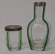 Edwardian clear glass vase / decanter with green trailed decoration and silver collar Birmingham