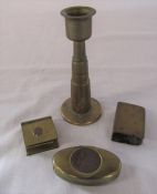 4 pieces of Trench Art inc candlestick, matchstick holder and snuff boxes