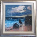 Framed and glazed acrylic painting of a coastal scene entitled 'Passing storm' by Scottish artist