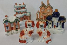 Selection of Staffordshire including 2 cottage money boxes, 2 houses (1 with hairline crack to