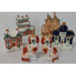 Selection of Staffordshire including 2 cottage money boxes, 2 houses (1 with hairline crack to