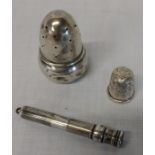 Charles Horner silver thimble, silver propelling pencil (incomplete) and a silver pepperette (