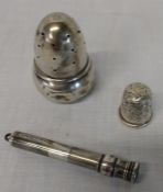 Charles Horner silver thimble, silver propelling pencil (incomplete) and a silver pepperette (