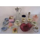 Various ceramics and glassware inc Wedgwood, silver plate, silver candlestick Birmingham 1909 (