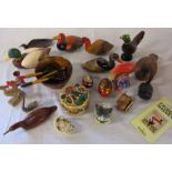Wooden and ceramic ducks, Russian lacquered bowl, spoons and eggs etc