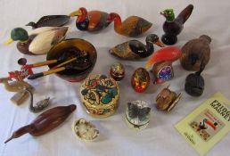 Wooden and ceramic ducks, Russian lacquered bowl, spoons and eggs etc