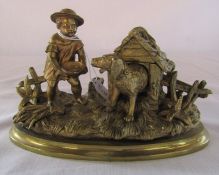 19th century gilt metal novelty inkwell modelled as a dog in a kennel with a young boy, on an oval