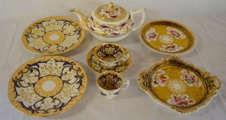 Pair of Regency period porcelain plates with coffee & tea cups with saucer, 2 heavily gilded 19th