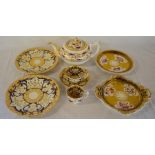 Pair of Regency period porcelain plates with coffee & tea cups with saucer, 2 heavily gilded 19th